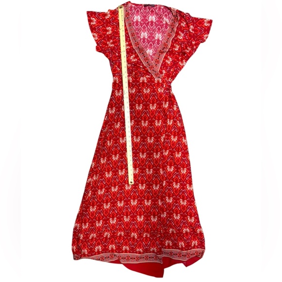 Women’s Pretty Garden Wrap Around Dress Boho Red Floral Flutter Sleeve Medium - Picture 4 of 16